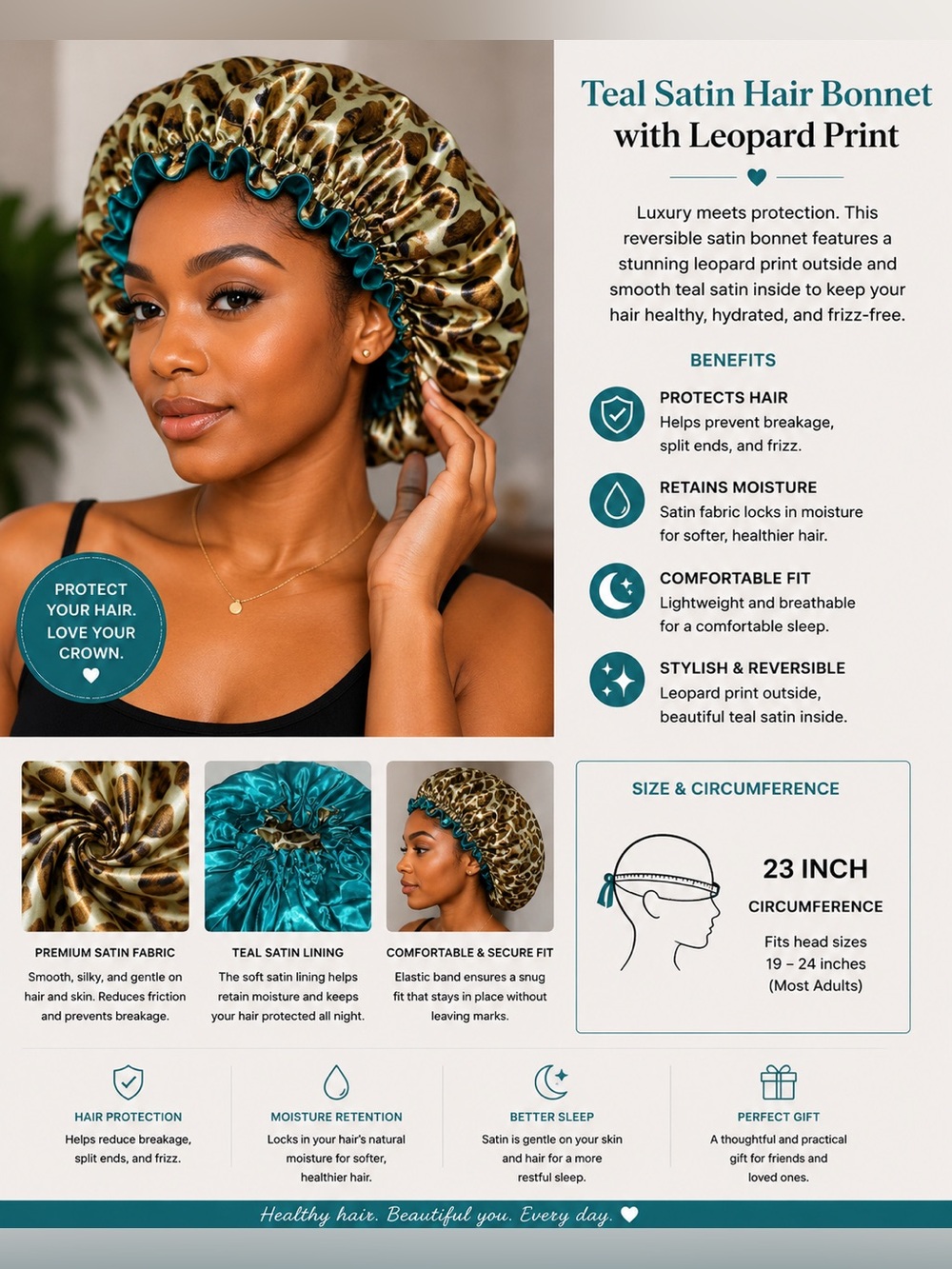 Teal Satin Hair Bonnet with Leopard Print